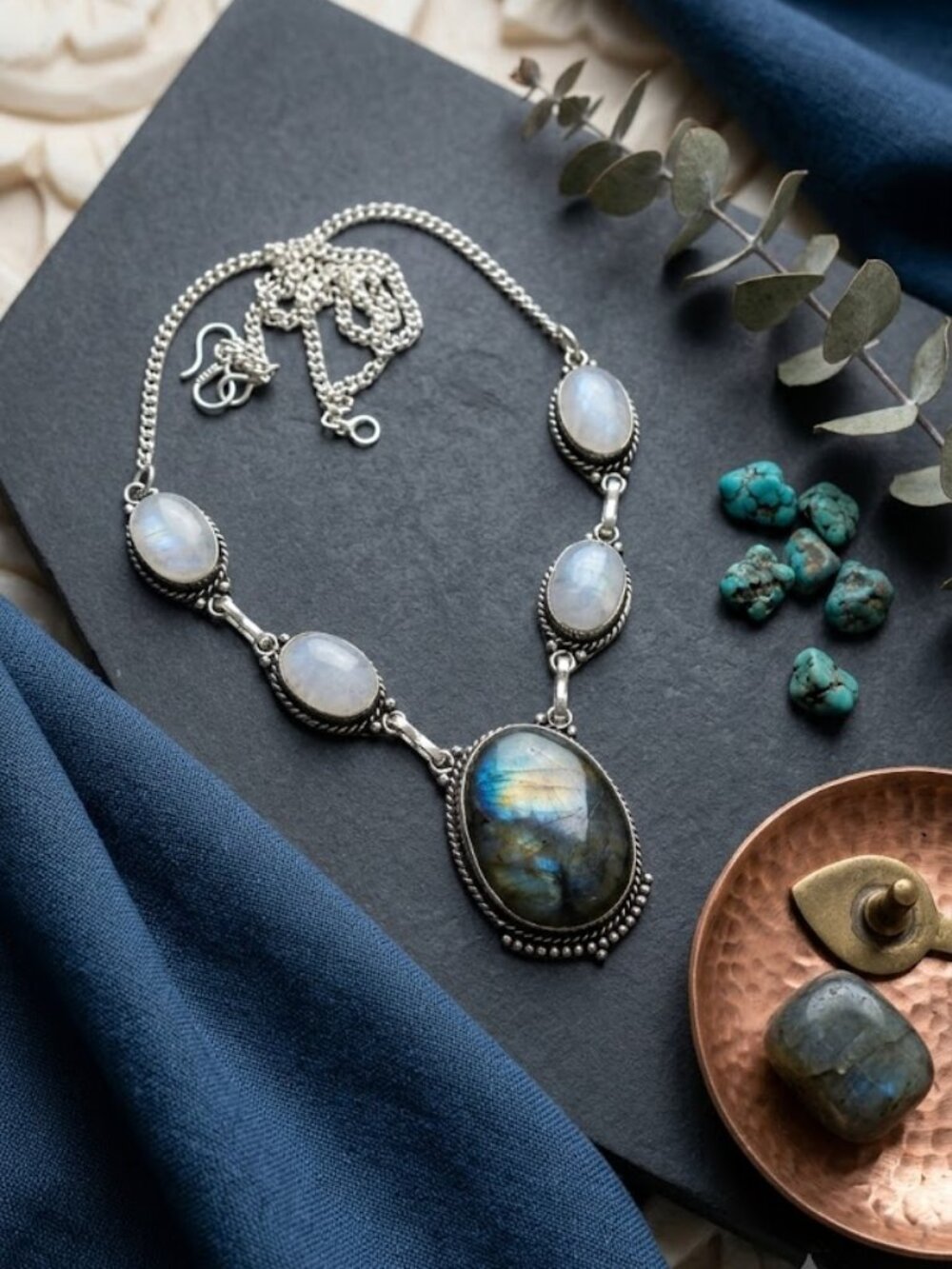 925 Silver Genuine Labradorite Moonstone Statement Necklace Whimsigoth Bohemian - Picture 8 of 14